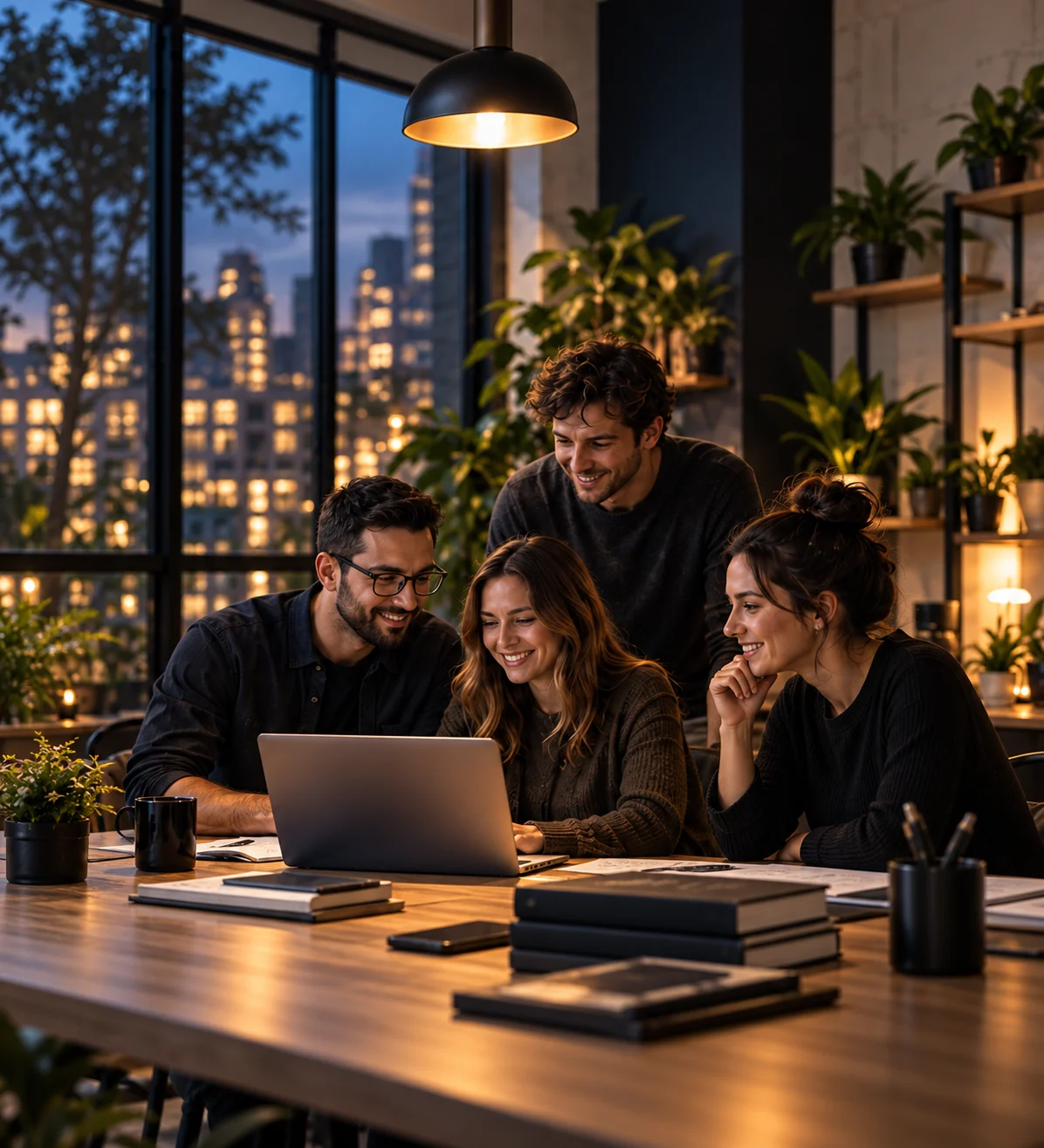 A modern website agency team collaborating in a bright studio