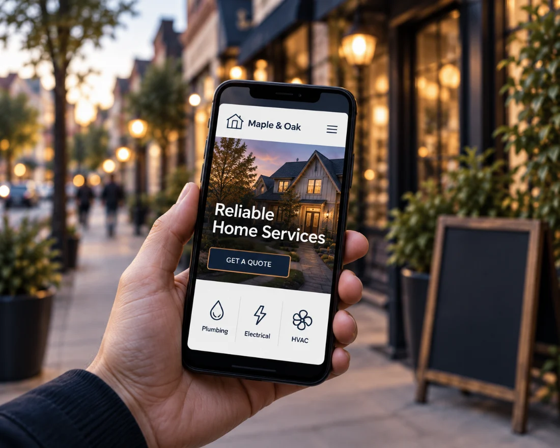 A responsive local business website displayed across phone tablet and desktop screens