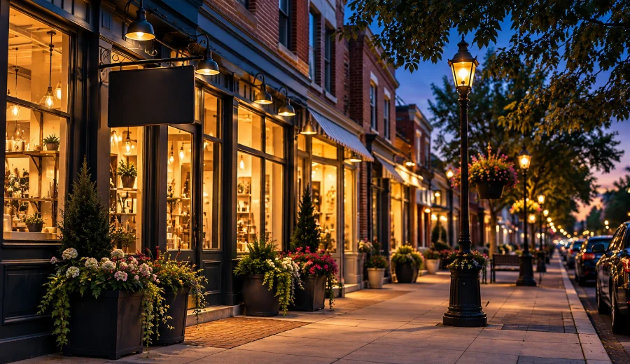 A thriving local business district at blue hour