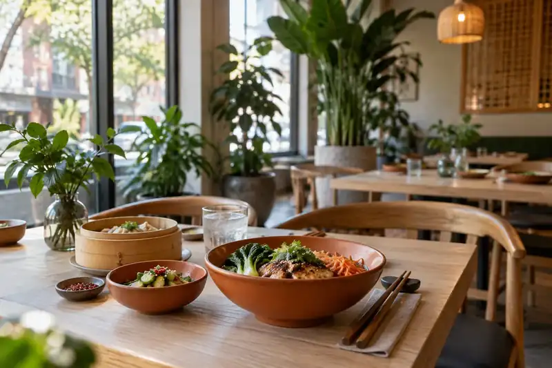 Neighborhood Asian dining room with pale tables and green plants