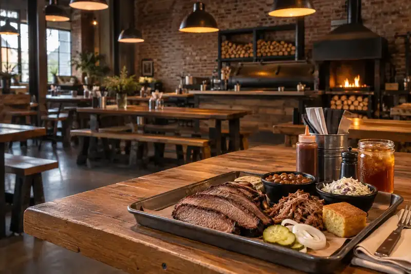 Smokehouse dining room with oak tables brick walls and steel trays