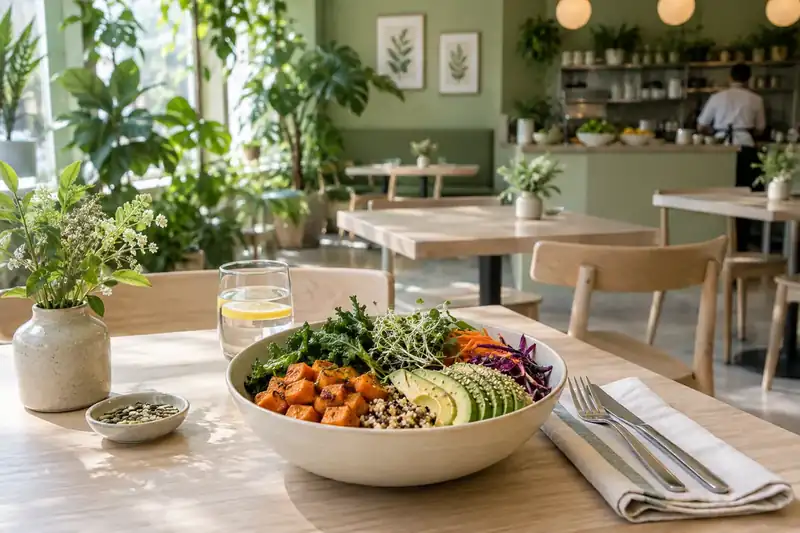 Bright cafe with sage walls pale wood tables and leafy plants