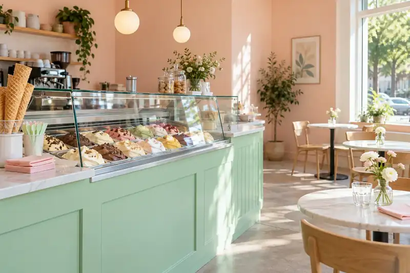 Bright frozen-dessert shop with a mint counter and peach walls