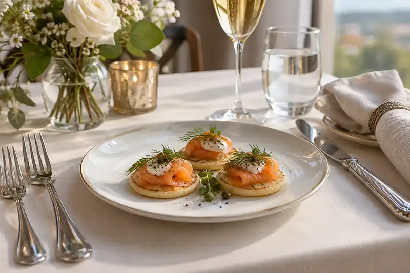 Three smoked salmon blinis at an individual catered place setting