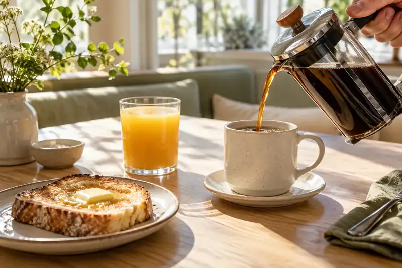 Coffee pouring beside orange juice and buttered breakfast toast