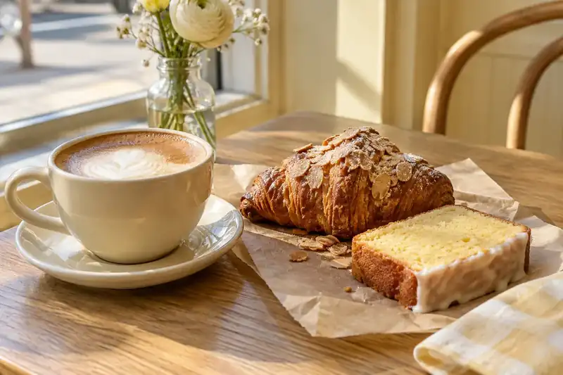 Coffee beside an almond croissant and lemon loaf at a bakery window