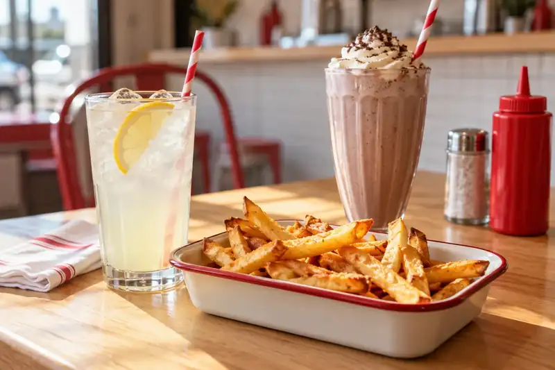 Lemonade and chocolate milkshake beside a tray of fries