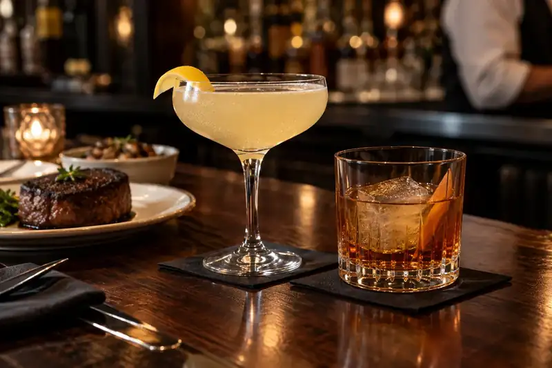 Citrus and amber drinks on a dark wooden steakhouse bar