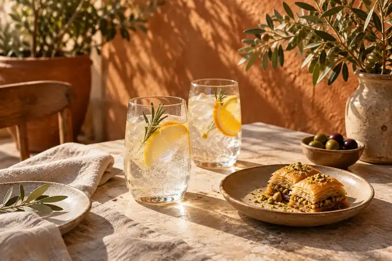 Sparkling citrus water beside baklava in soft afternoon window light