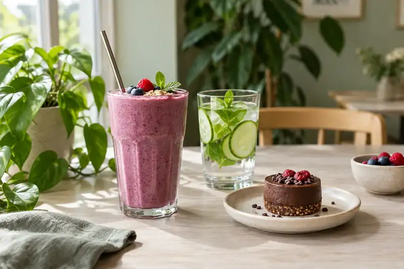 Berry oat smoothie cucumber water and a vegan chocolate dessert cup