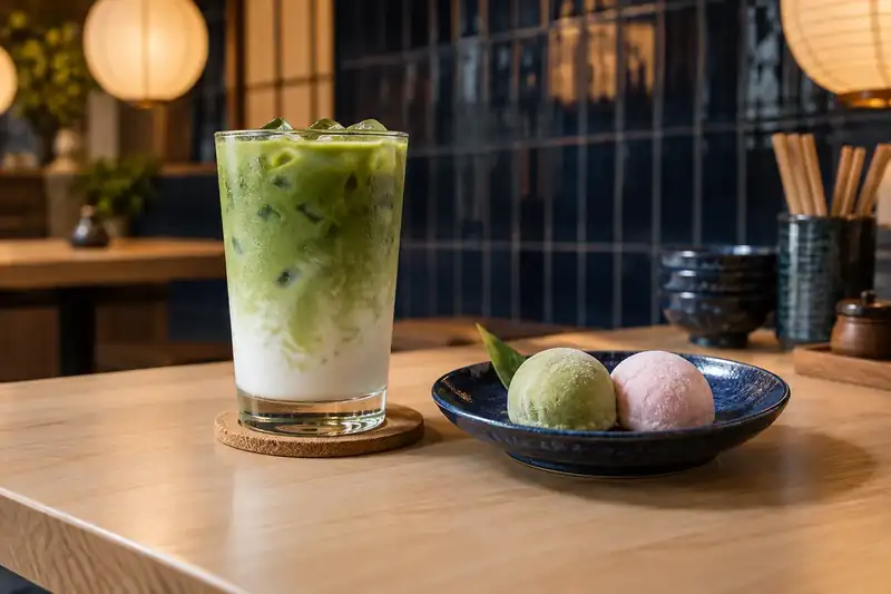 Iced matcha latte beside two small vanilla mochi ice cream balls