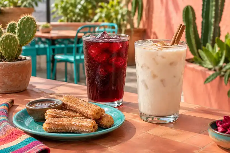 Hibiscus agua fresca and cinnamon horchata beside a small churro plate