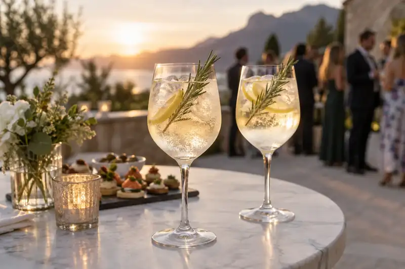 Sparkling citrus welcome drinks with lemon and rosemary at a reception