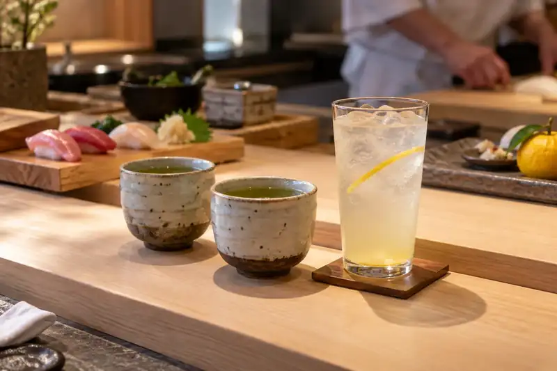 Ceramic green tea cups beside a sparkling yuzu citrus drink