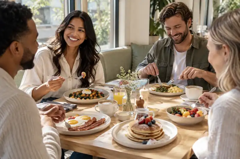 Pancakes egg plates and fruit shared at a sunny brunch table