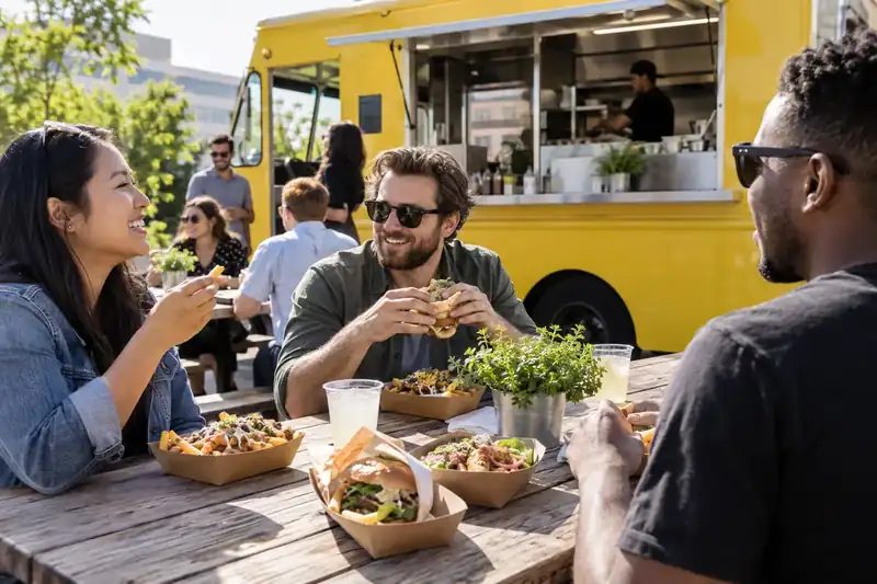 Outdoor lunch tables with street food beside a stationary yellow truck