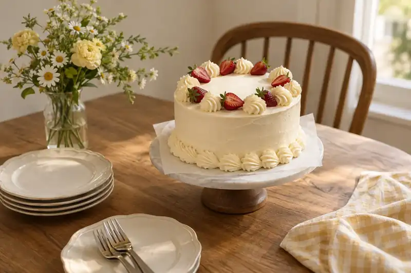 White buttercream celebration cake with strawberries and empty dessert plates