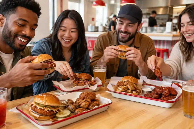 Friends enjoying chicken sandwiches and wings at a maple table