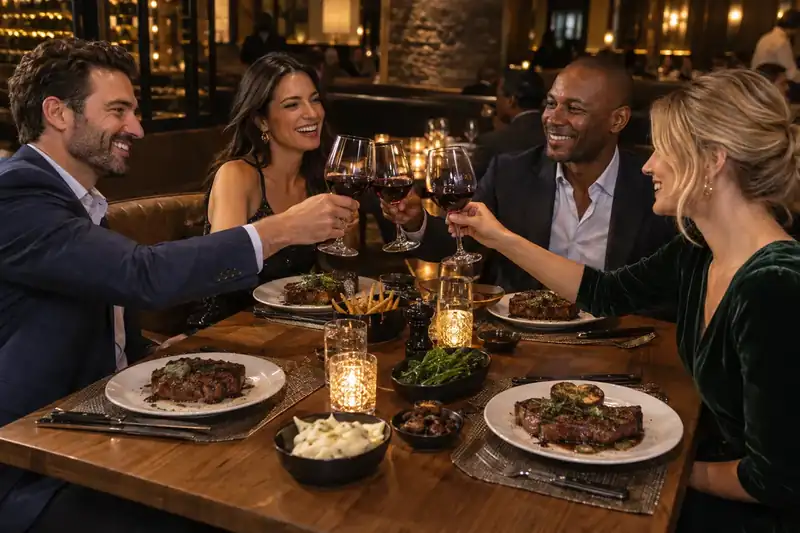 Guests enjoying steak plates and shared sides at a celebration
