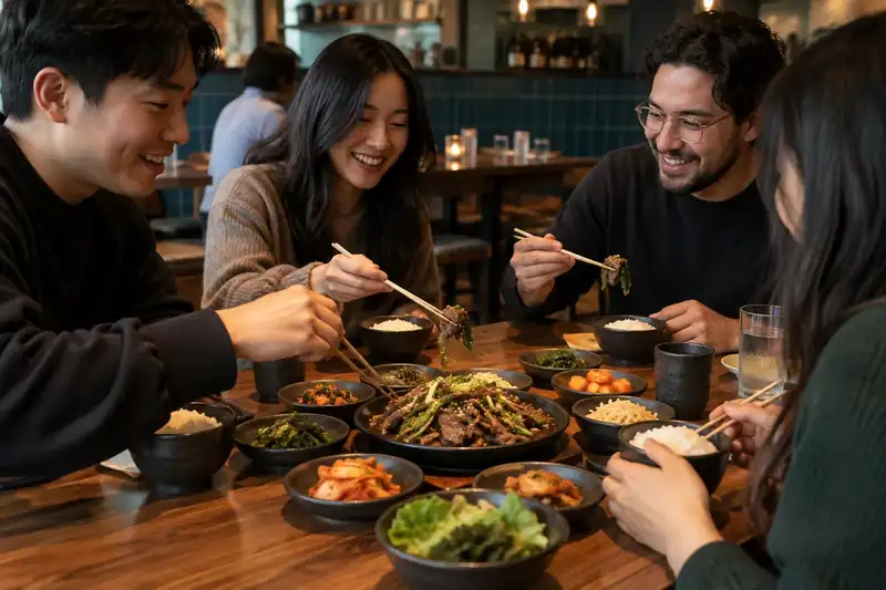 Friends sharing Korean dishes and rice bowls around a walnut table