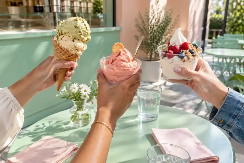 Friends holding a cone, gelato cup, and berry yogurt outside