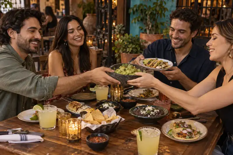 Friends sharing guacamole and tacos at a Mexican restaurant table