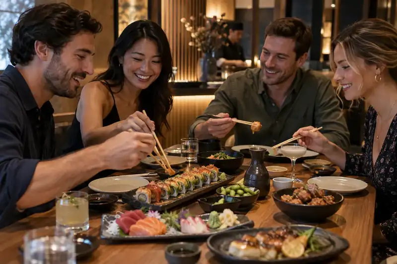 Friends sharing sushi sashimi and warm dishes at a Japanese restaurant