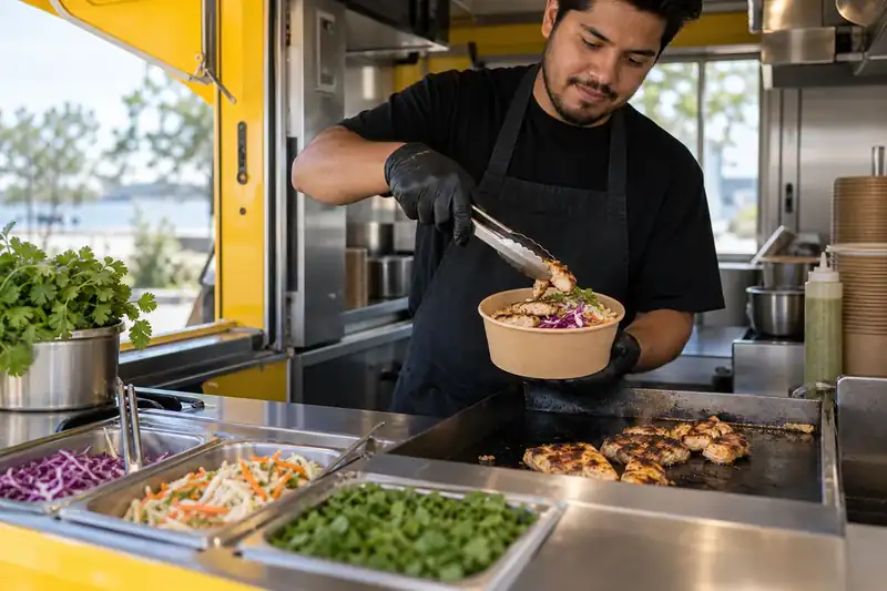 Cook placing grilled chicken into a bowl at the truck counter