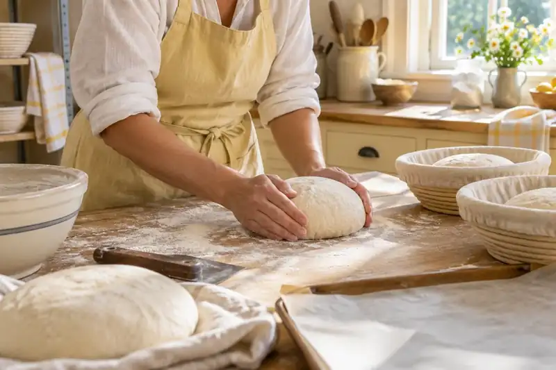 Baker shaping a sourdough loaf on a lightly floured wooden bench