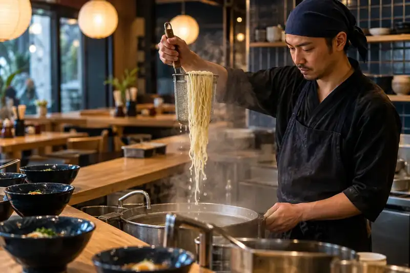 Cook lifting cooked noodles above a clean noodle-house cooking pot