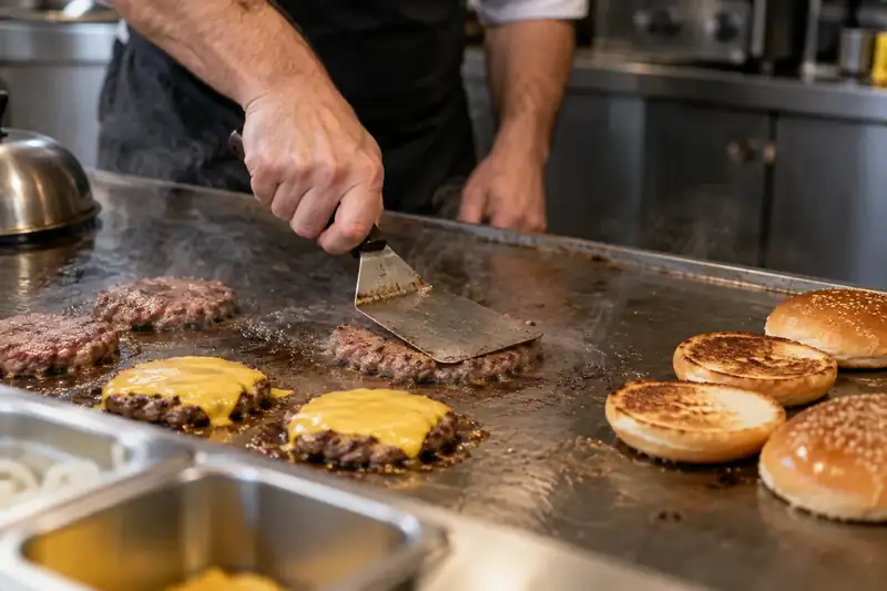 Cook pressing beef patties with a spatula on a griddle