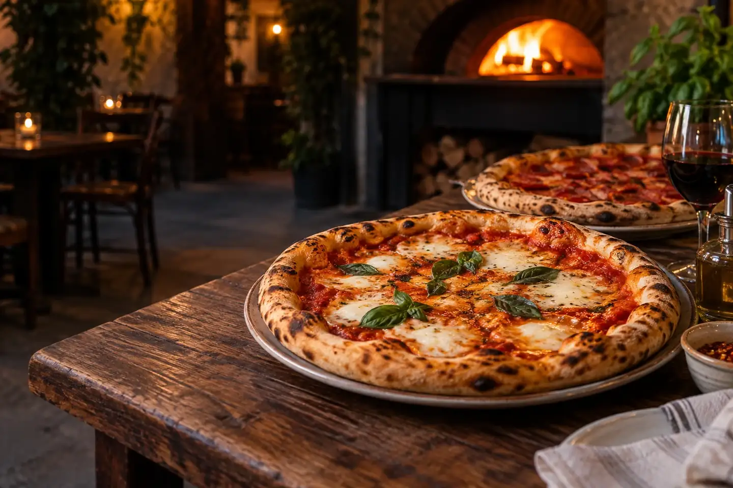 Margherita and pepperoni pizzas on a warmly lit pizzeria table