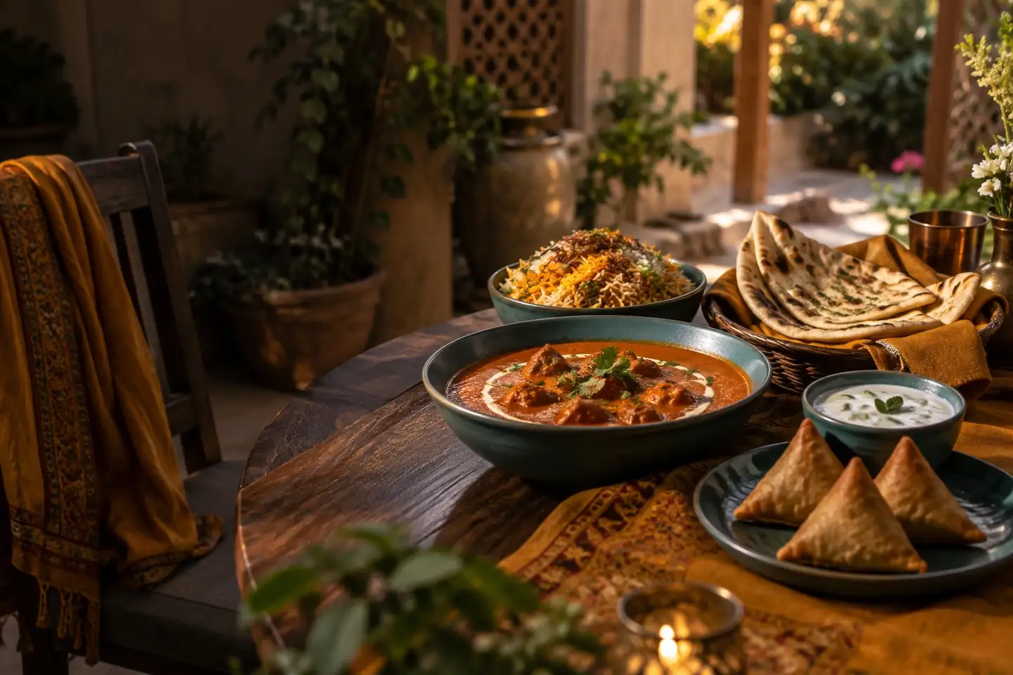 Indian curries naan and biryani arranged on a warm restaurant table