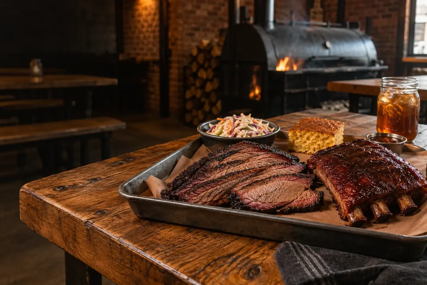 Smoked brisket ribs and cornbread on a wooden smokehouse table