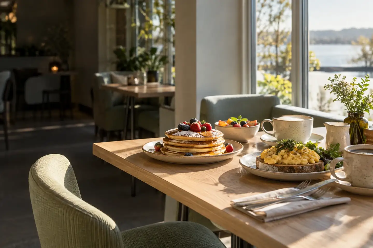 Pancakes eggs fruit and coffee on a sunny breakfast table