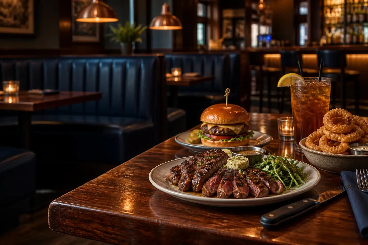 Steak burger and onion rings on a warm wooden grill table
