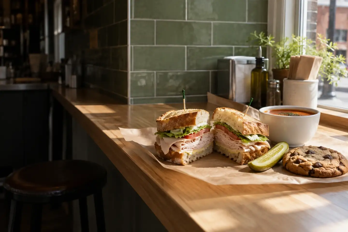 Turkey sandwich soup pickle and cookie on a deli table
