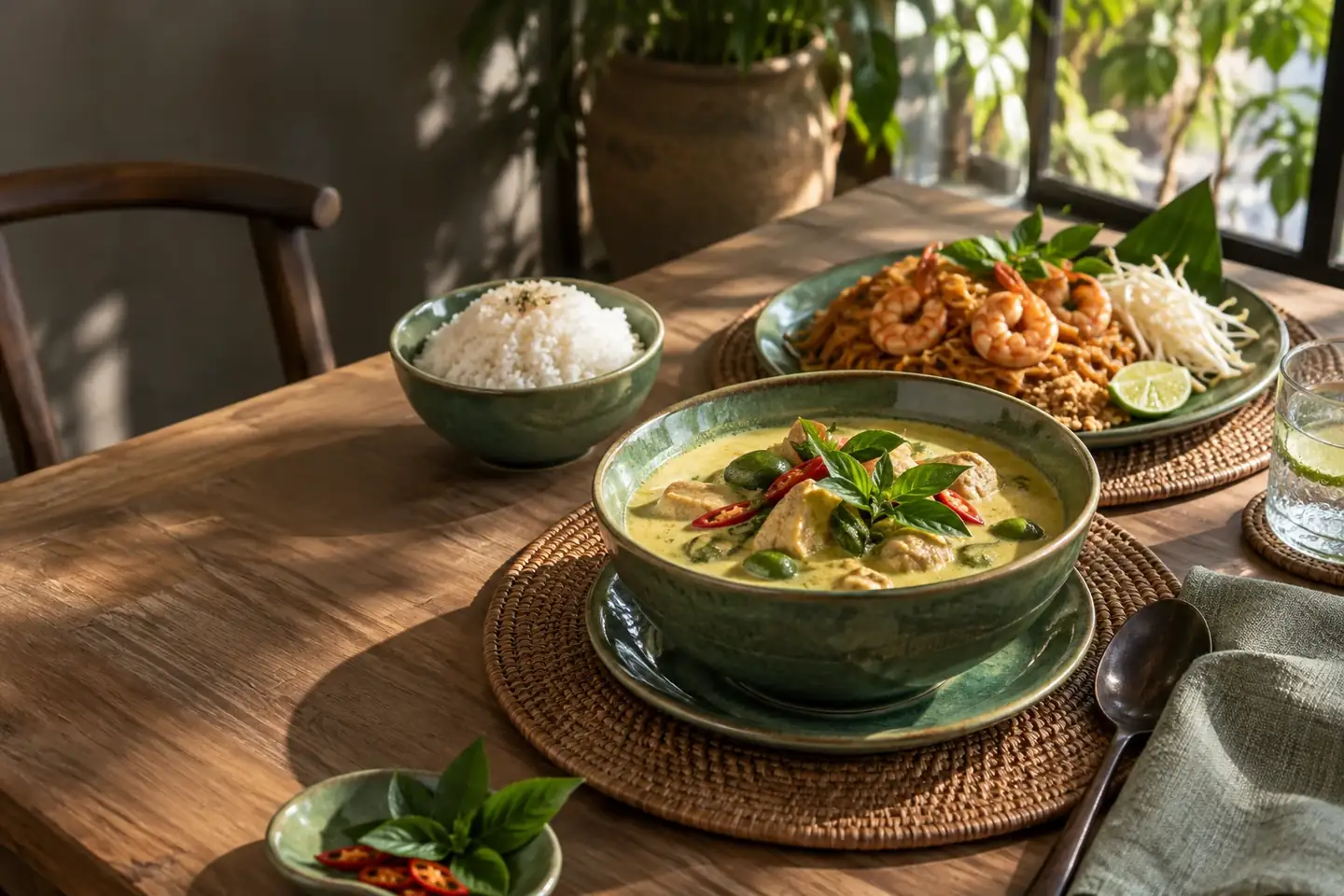 Green curry pad Thai and rice on a pale teak table
