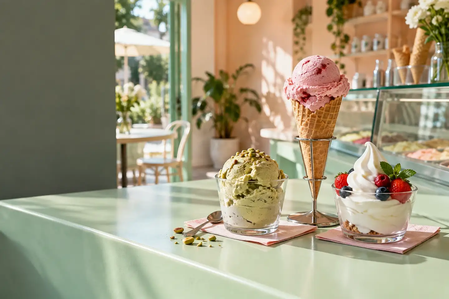Gelato cup, strawberry cone, and berry yogurt on a mint counter