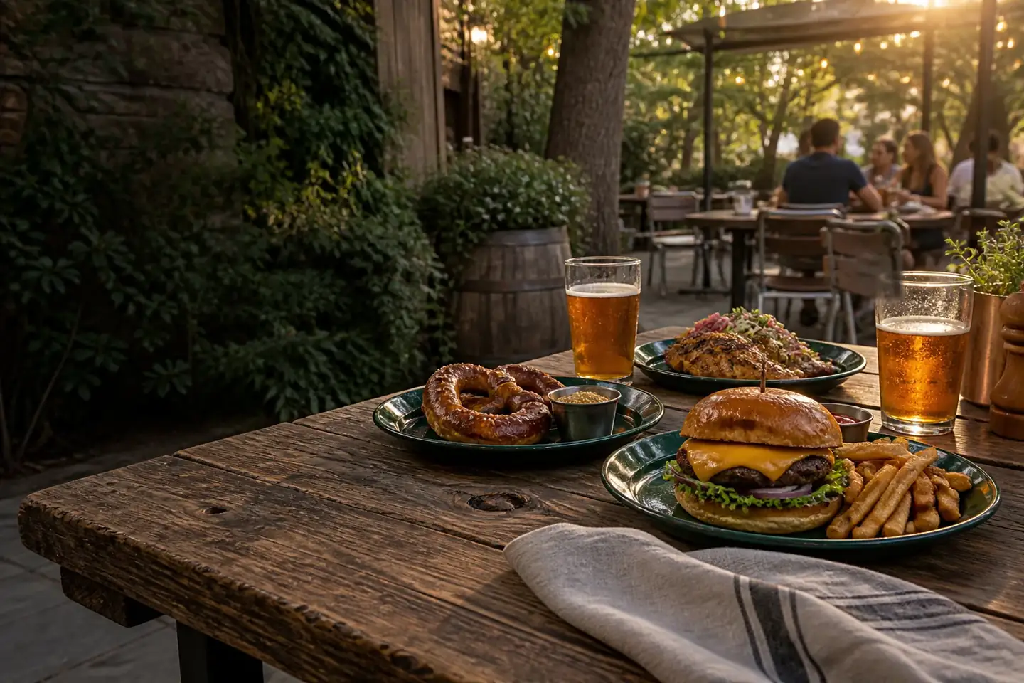 Pub burger pretzels chicken and modest beer glasses on an oak table