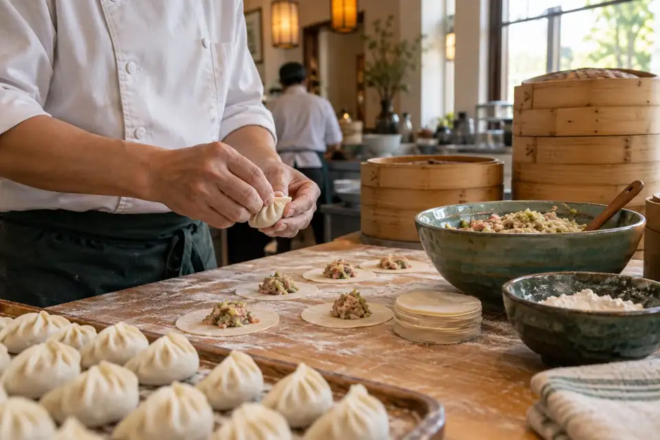 Cook pleating pork dumplings beside bamboo steamers in a Chinese kitchen