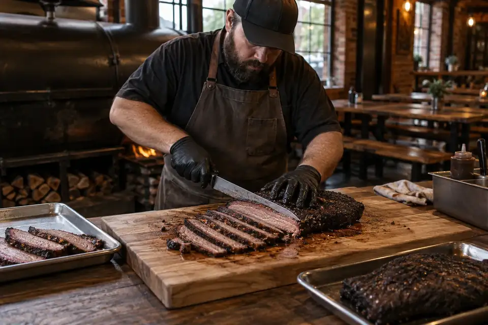 Pit cook slicing rested brisket with dark pepper bark