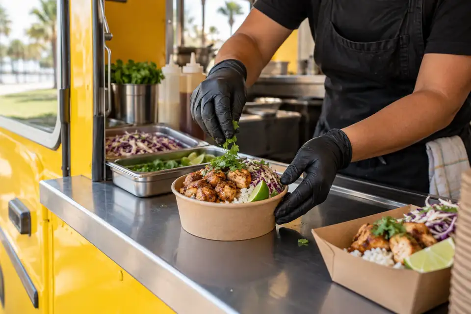 Cook assembling a chicken rice bowl inside a compact food truck