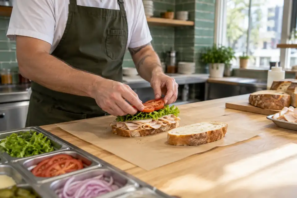 Deli cook layering turkey lettuce and tomato onto fresh bread