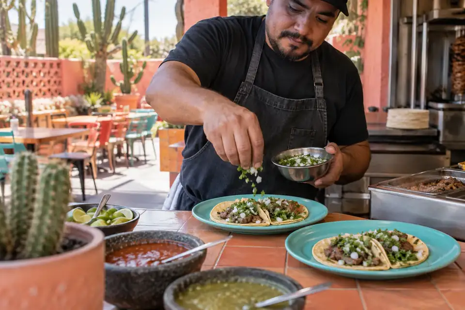 Cook adding onion and cilantro to steak tacos at a counter