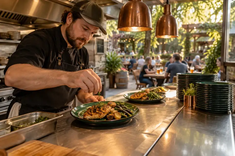 Brewpub cook plating chicken roasted potatoes and green beans