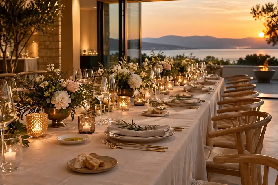 Long table with linen and flowers prepared for a catered celebration
