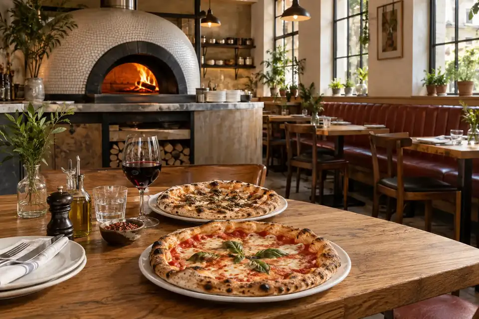 Neighborhood pizzeria with wooden tables and an open pizza oven