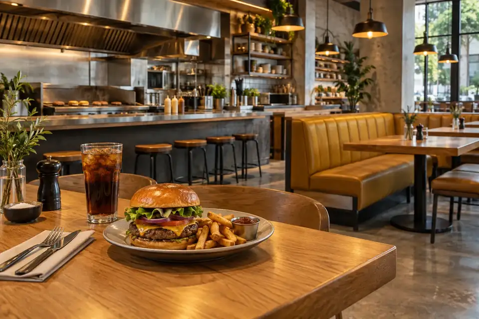 Burger restaurant with wooden tables and warm mustard colored booths